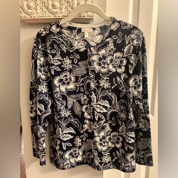 Garnet Hill Signature Eco Merino Wool Floral Cardigan Size L Button Down Fitted - Picture 1 of 7